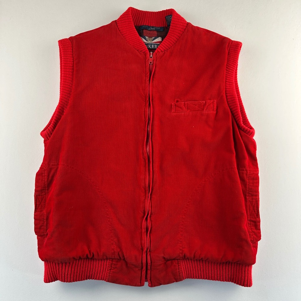Bonkers Vtg Red‎ Corduroy Quilted Lined Bomber Vest L Retro 80s Eclectic Grandpa